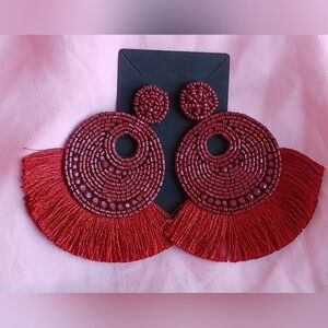 Elegant Red Beaded Fringe Earrings